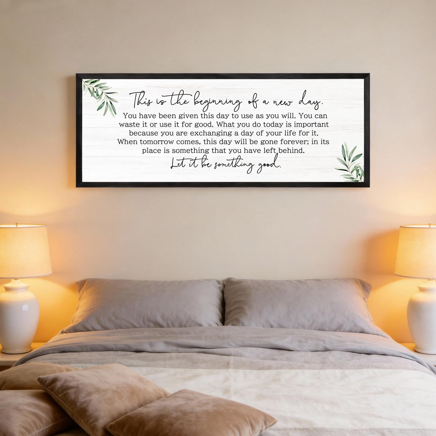The Beginning of a New Day Wall Art – 40x15 Inch Wooden Framed Inspirational Sign with Motivational Message, Large Rustic Wood Frame Wall Decor for Living Room, Office, Entryway, Black