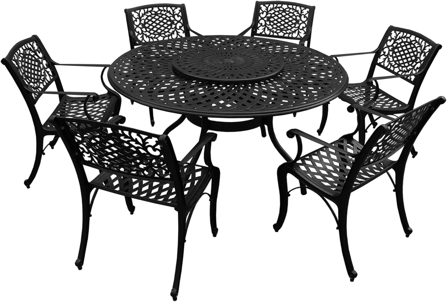 Oakland Living 1022-2777(6)-LBK Modern Ornate Outdoor Mesh Aluminum 59-in Large Black Round Patio Lazy Susan and Six Chairs Dining Set