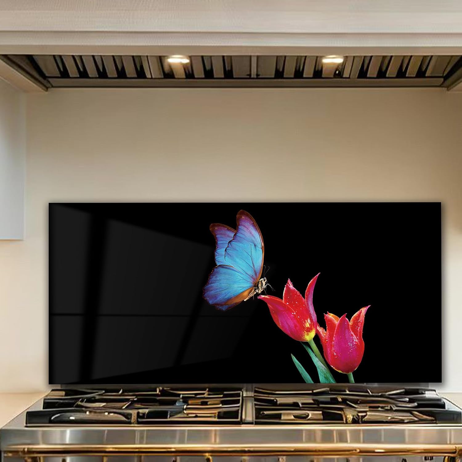 LMSDYSHU Tempered Glass Backsplash for Kitchen, Blue butterfly, Frameless, Stove Backsplash Protector for Wall,Easy to Clean, Home Decor (30"x24")