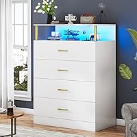 Vista 1 de AOGLLATI Cómoda blanca para dormitorio con diseño de columna, cómoda de 4 cajones con estación de carga, cómoda moderna led alta para dormitorio