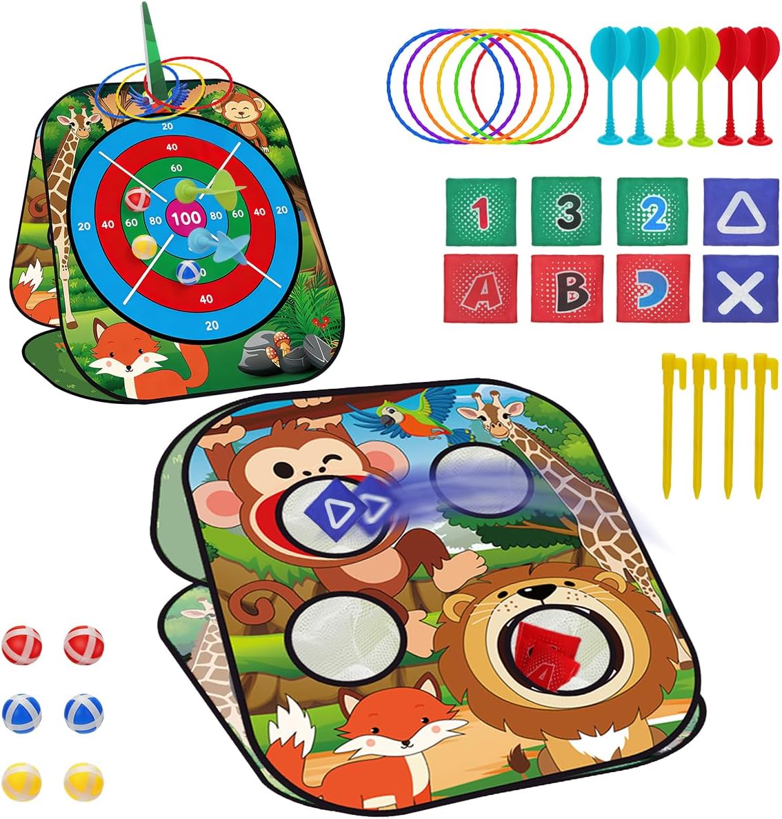 5-in-1 Bean Bag Toss Game for Kids Ages 3-8, Outdoor Cornhole Set with 3 Interchangeable Boards (Toss/Dart/Tic-Tac-Toe), Includes 8 Beanbags 6 Balls/Darts/Rings, Backyard Toys for Boys