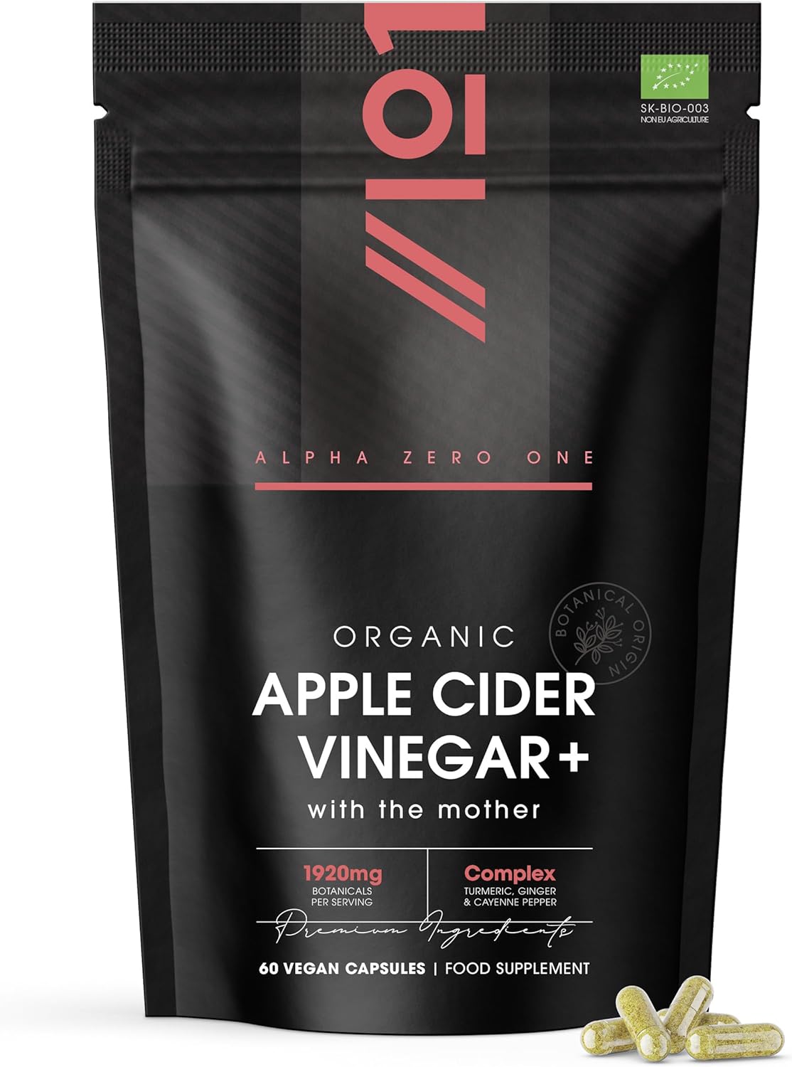 Organic Apple Cider Vinegar 1920mg – with Turmeric, Ginger & Cayenne Pepper – 60 Vegan Capsules – Raw Unfiltered with The Mother by Alpha01