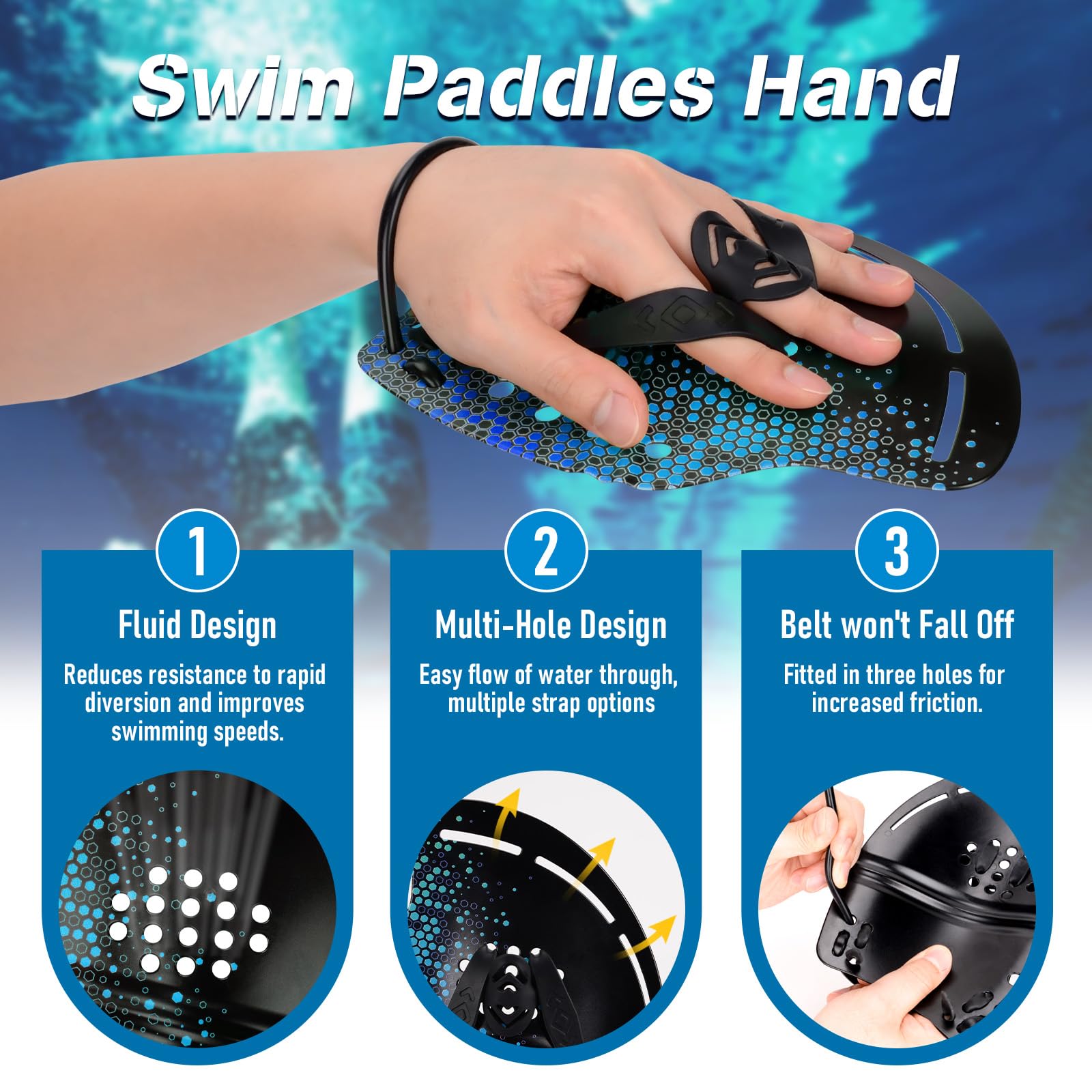 BOOSTEADY Pagaie da nuoto curve, pagaie da nuoto a mano con cinghie regolabili, paddle da nuoto per allenamento di forza superiore del corpo in nuoto, blu/giallo/rosa