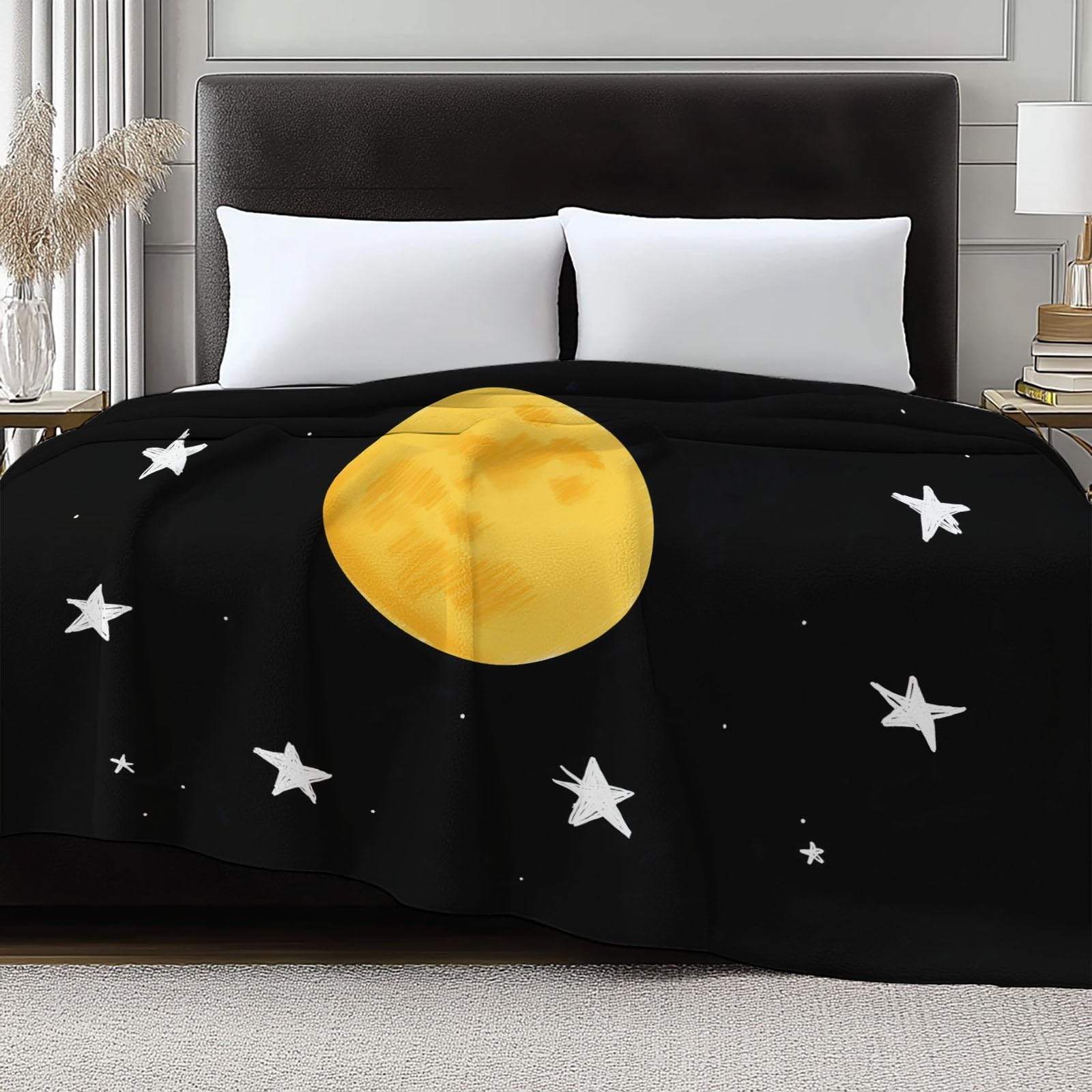Manta de Franela Suave y Cálida 200 x 200 cm Libro Ilustrado Infantil Estrellas Y Luna – Manta de Cama o Sofá con Estampado 3D de Líneas Onduladas, Ligera y Confortable, para Adultos y Niños, Negro