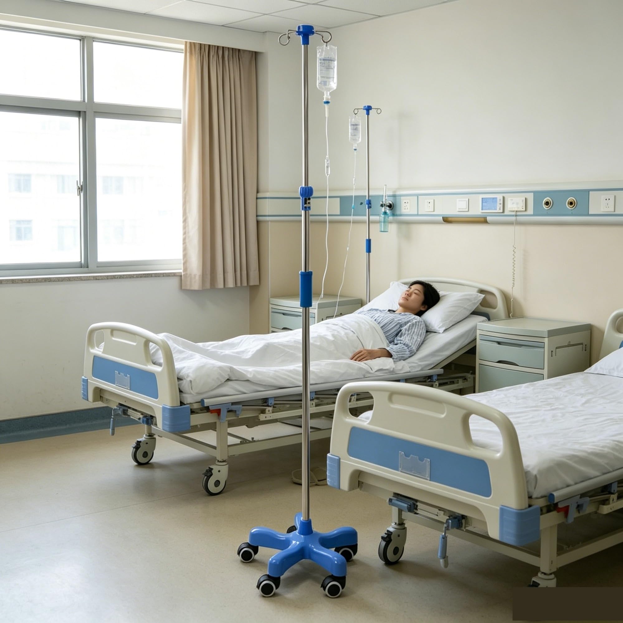 Portasueros médico con ruedas de acero inoxidable Soporte para suero | Soporte intravenoso ajustable de 1,5-2 m de altura con 4 ganchos for hogar hospitalario