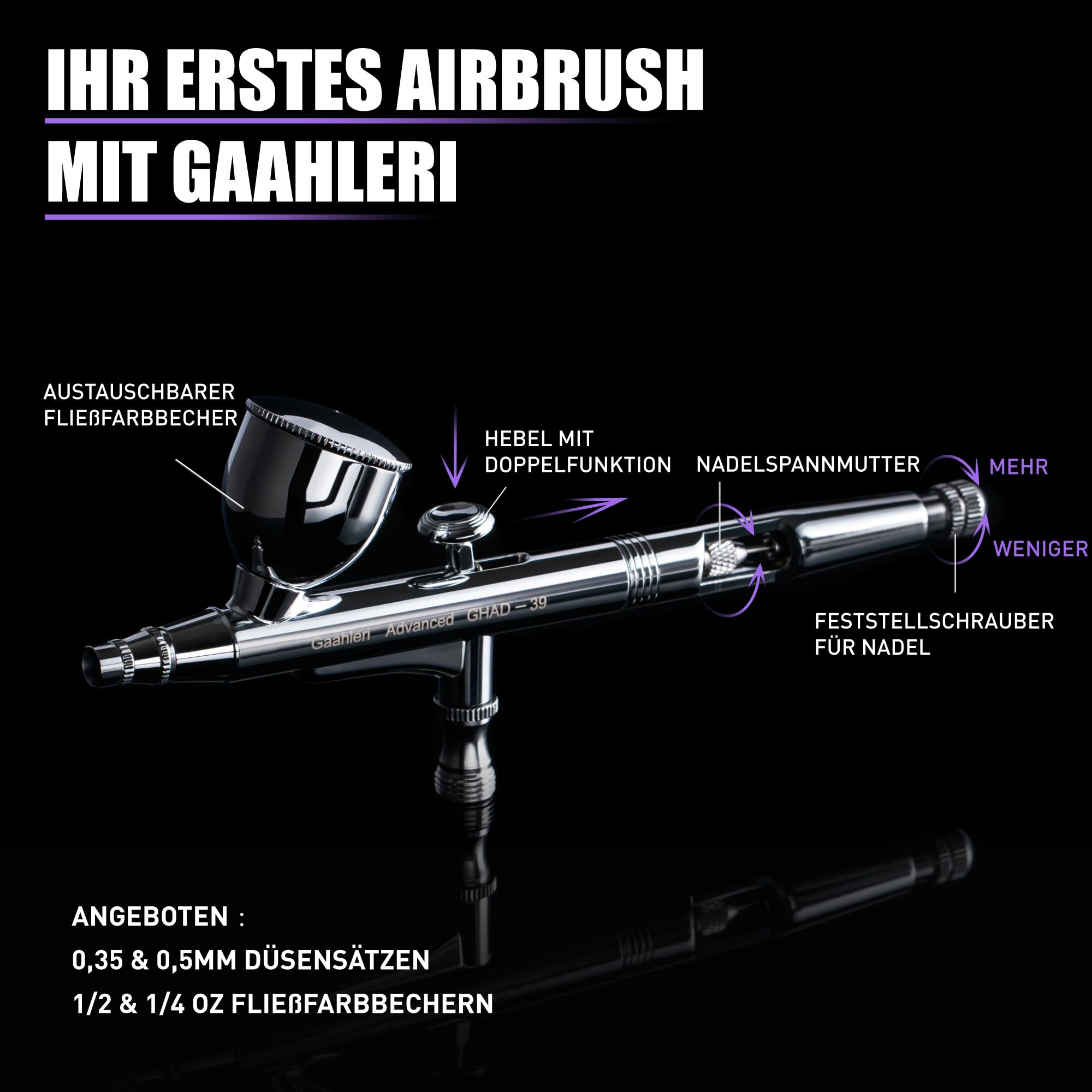 Gaahleri Airbrush-Set Dual-Action-Schwerkraft 0,35 & 0,5 mm Nadel 1/2 & 1/4 oz Becher