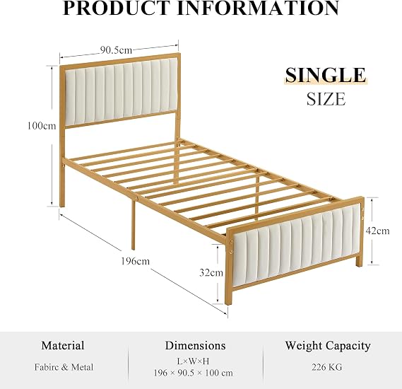 VECELO 3ft Single Size Bed Frame with Linen Fabric Headboard and Footboard, Heavy-Duty Platform with Strong Steel Slats, No Box Spring Needed, Easy Assembly