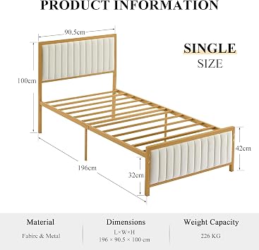 VECELO 3ft Single Size Bed Frame with Linen Fabric Headboard and Footboard, Heavy-Duty Platform with Strong Steel Slats, No Box Spring Needed, Easy Assembly