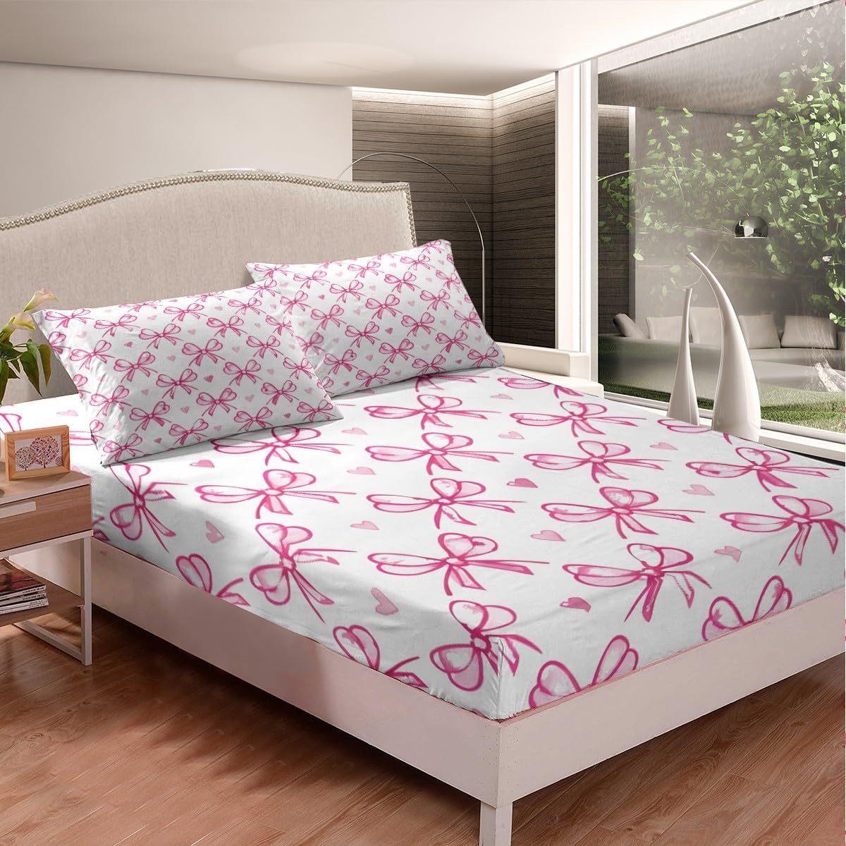 Pink Bow Girlish Kids Sheet Full Size,Bowknot Love Heart Hand Paint Cute Bedding Set,Girls Women Room Decor,Princess Style Bow Tie Girly Romantic Bed Sheet Set 4pcs(Fitted + Flat + 2 Pillowcases)