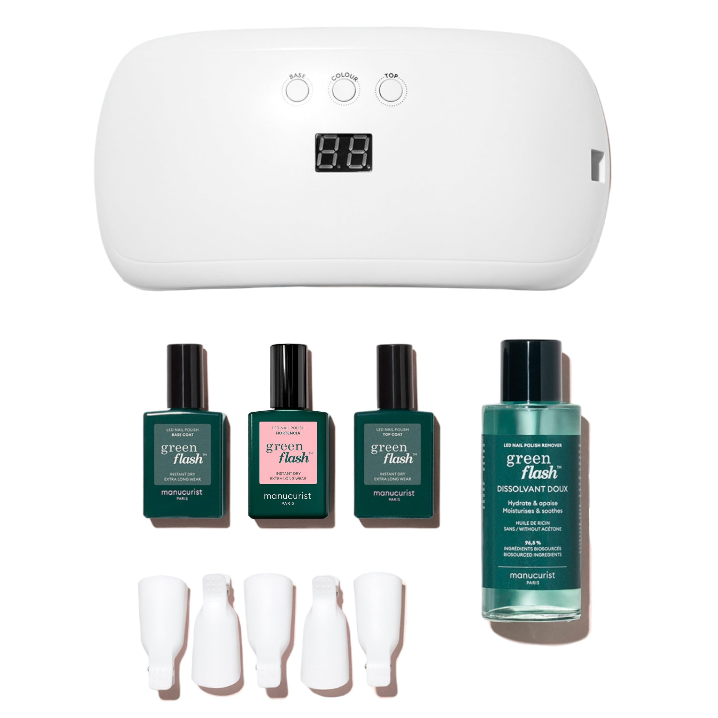 Manucurist UV Nagellack Set Slim Green Flash - Gel Nägel Set | LED UV Lampe für Gelnägel 24W + Base Coat + Top Coat Gel + Gel Nail Polish Hortencia + Nagellackentferner Acetonfrei + Clips