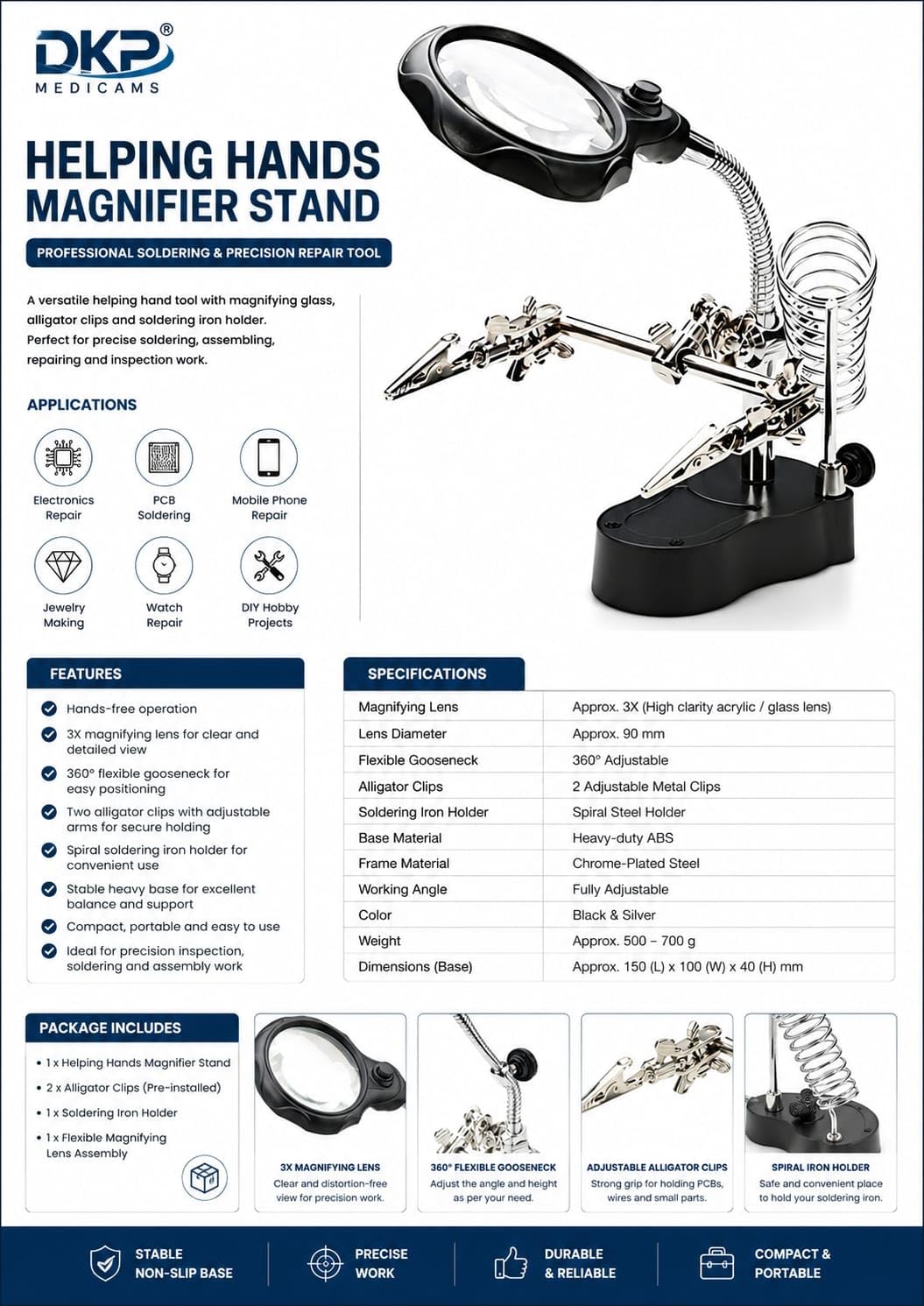 DKP Medicams 5in1 Helping Hand Magnifier Tool 3.5X & 12X with Soldering Iron Stand Adjustable Alligator Clip Clamps LED Magnifying Glass Len Workstation Light Battery Powered 1