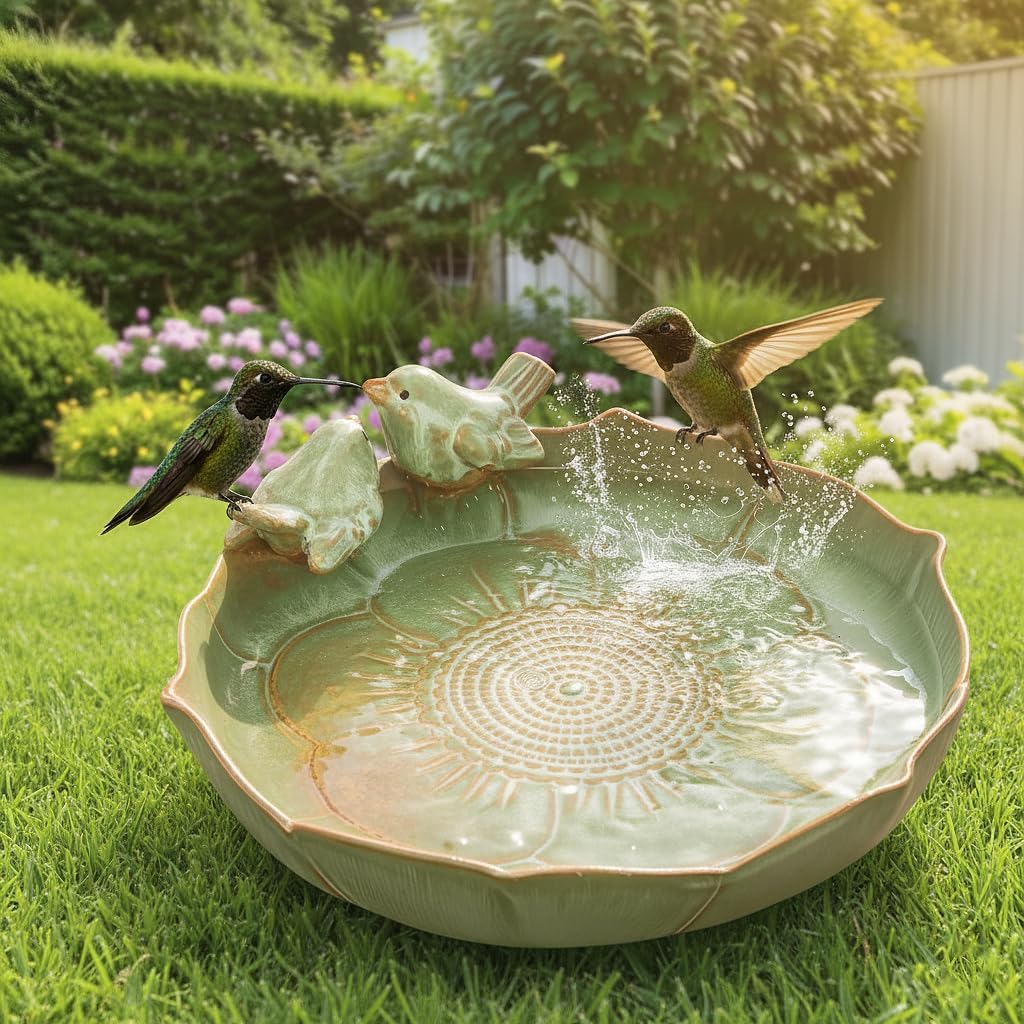 Green ceramic bird bath bowl with two soft cyan ceramic bird decorations