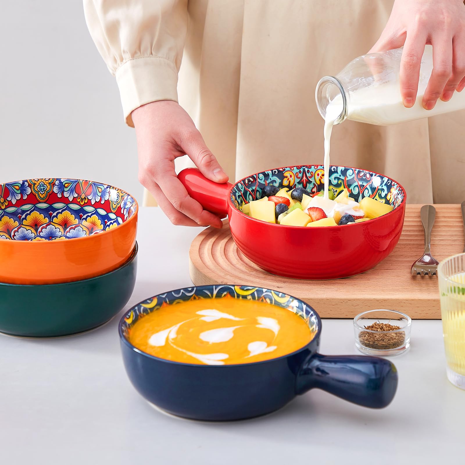 vancasso Set di 4 Zuppiera con Manici da 690ml, Ciotole per Cereali in Porcellana, Piatti Fondi, Insalatiera, Ciotole da zuppa di Cipolle Francesi, Sicuro in Microonde e Lavastoviglie, Stile Boho