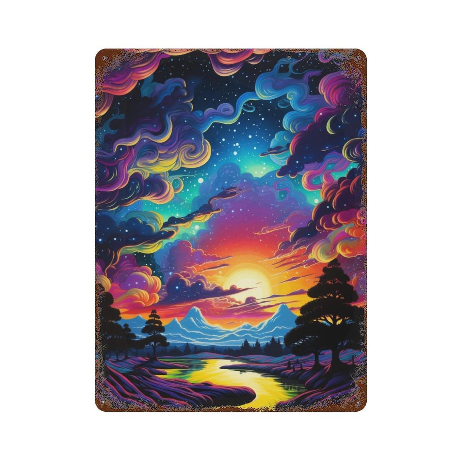Colorful Sunset Landscape Aged Metal Wall Plaque 15.7"x11.8", for Garage, Bar And Workshop Decor, Farmhouse Wall Decor
