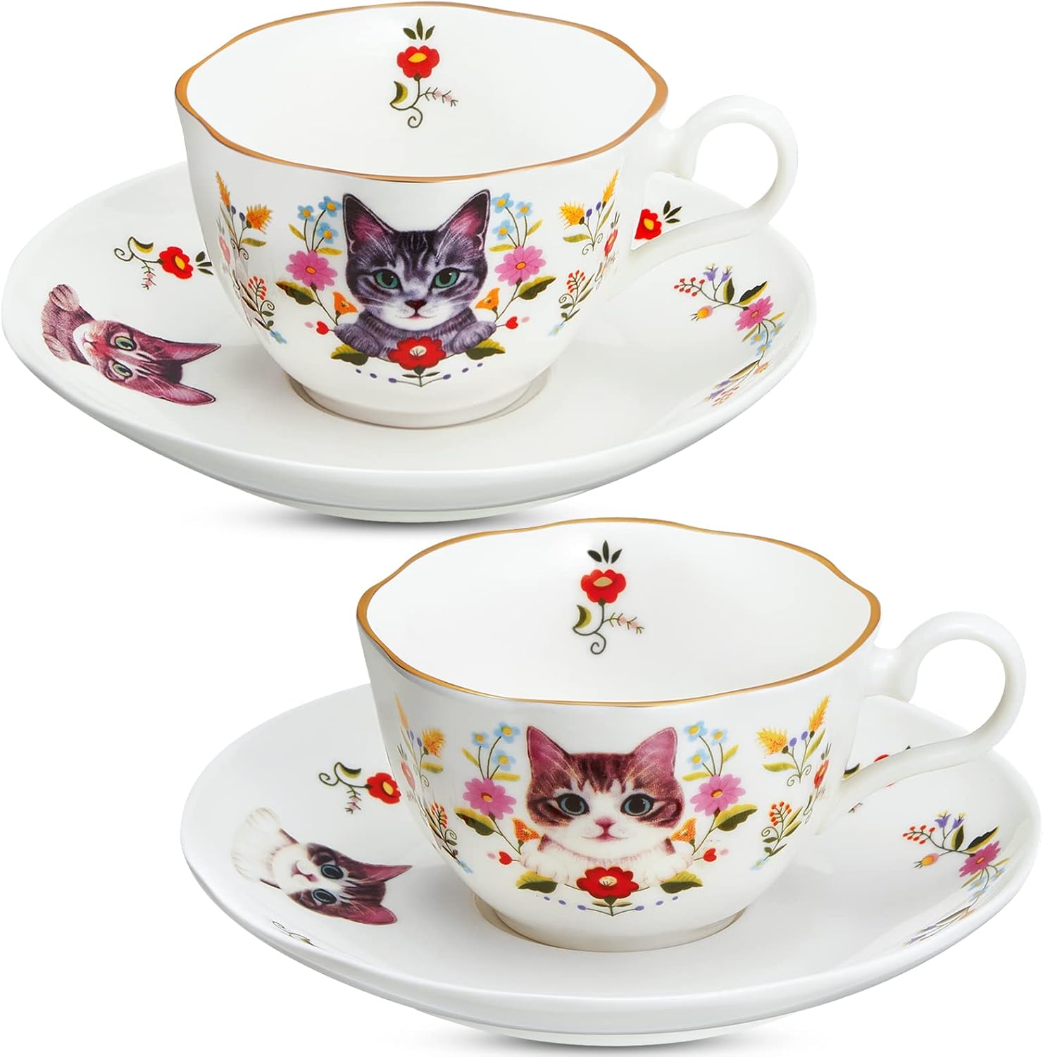2 Sets 10 Oz Ceramic Teacup and Saucer Set Cat and Flower Coffee Mug with Handle