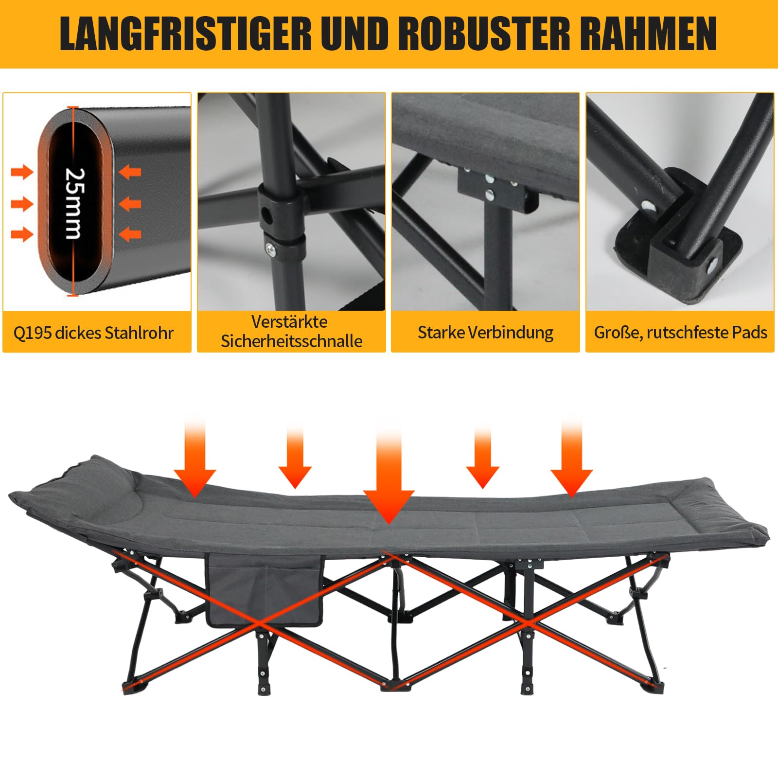 Campingbett klappbar mit Matratze Kopfkissen bis 200 kg für Outdoor Garten Angeln