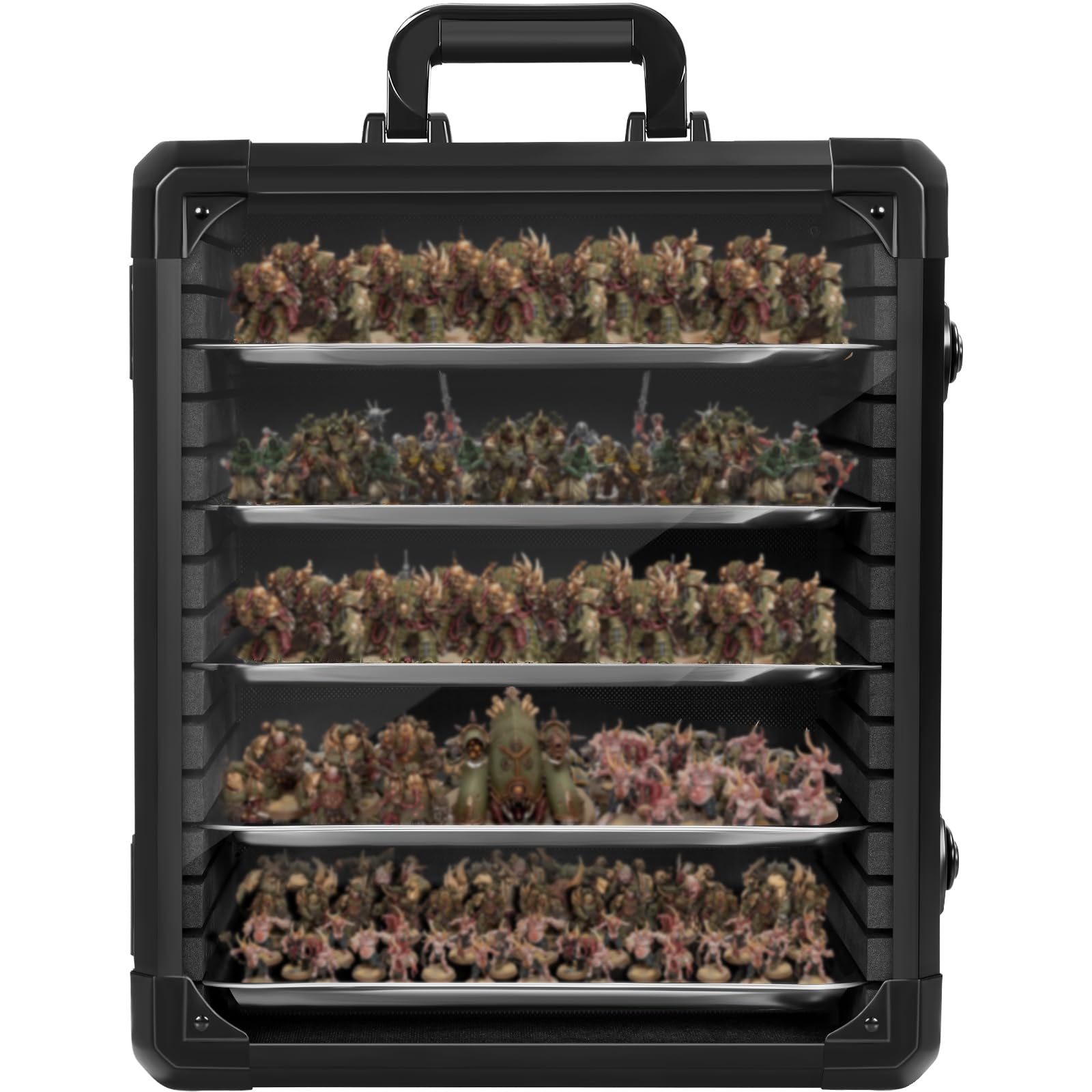 FREEAMG Miniatures Carry Case with Lock, Miniature Storage Case with 5 Metal Trays & Aluminum Alloy Frame, Portable Miniatures Transport Case for Tabletop Gaming Miniatures, RPG Models (Medium Black)