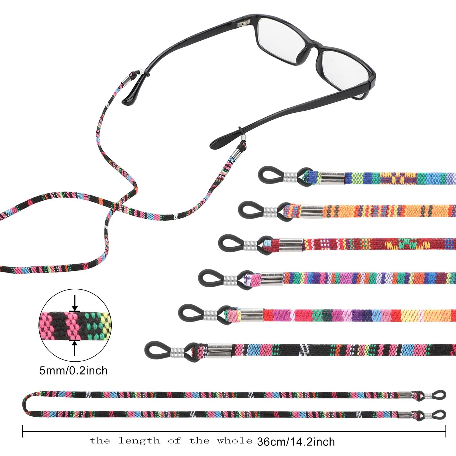 通用 Wielokolorowy pasek do okularów, 6 sztuk, łańcuszek na okulary, 5 mm, pleciony łańcuszek barilowy, okulary przeciwsłoneczne, okulary przeciwsłoneczne, okulary do czytania, pasek do okularów ochronnych, dla kobiet i mężczyzn