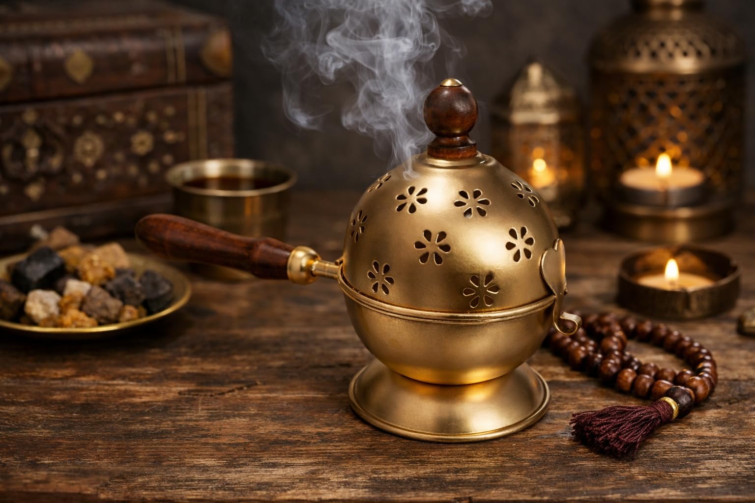 Traditional Brass Incense Burner with Wooden Handle, Decorative Flower Cut Design, Gold Finish Dhoop Dani for Home Temple Puja, Round Shape