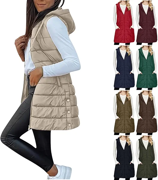 Sleeveless Winter Jacket for Women, Womens Long Puffer Vest with Hood Casual Full Zip Coats Veste Sans Manche Femme