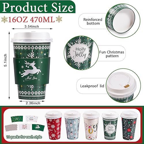 Miniatura 3 de Paquete de 50 tazas, tapas y fundas desechables de Navidad para cacao caliente, chocolate, bebidas, suministros para fiestas navideñas