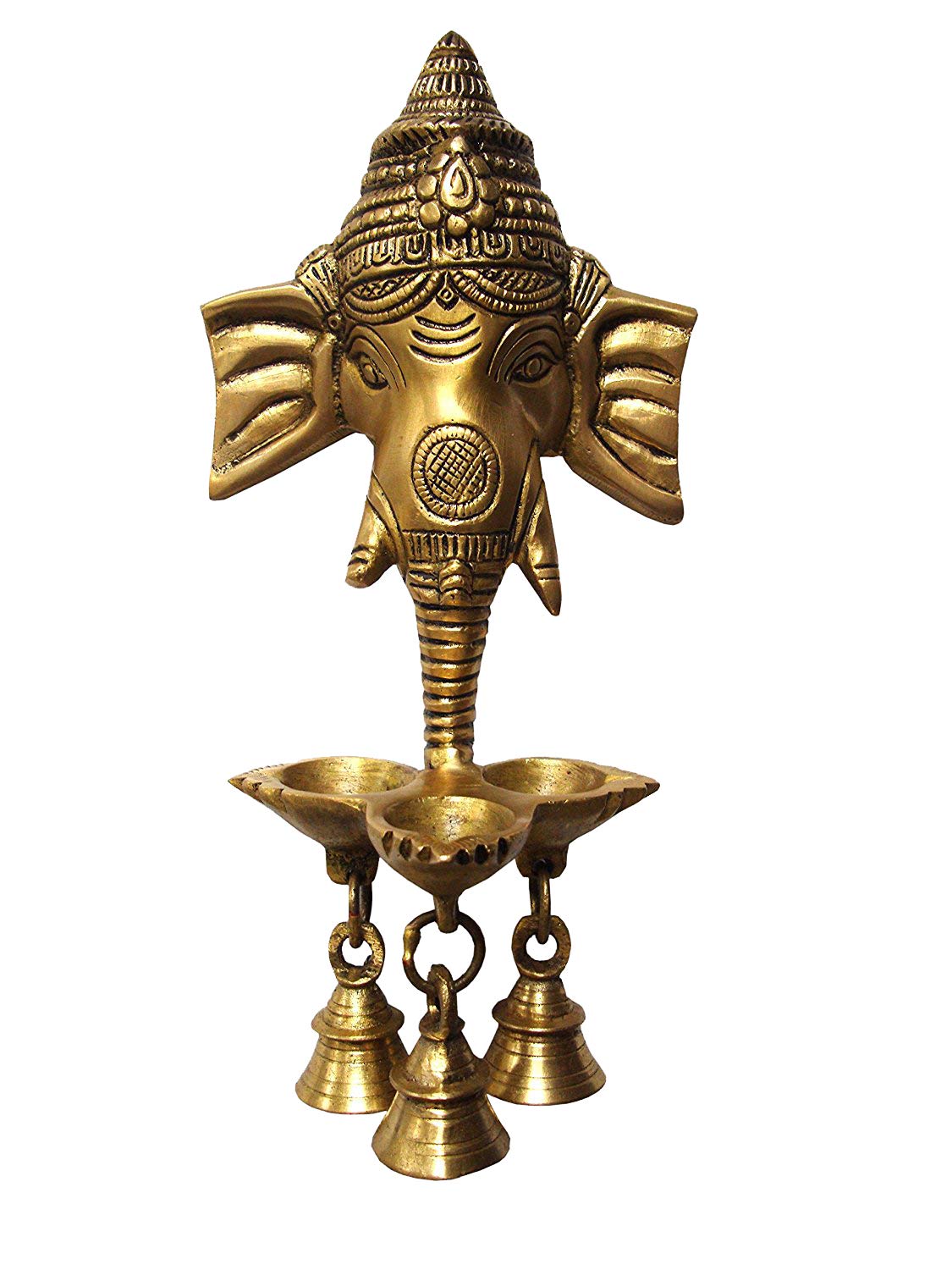 Lampada Ad Olio Da Parete Ganesh In Ottone Con Campane, Multicolore, Decorazione Puja Per Tempio Mandir, 24x11x8 Cm