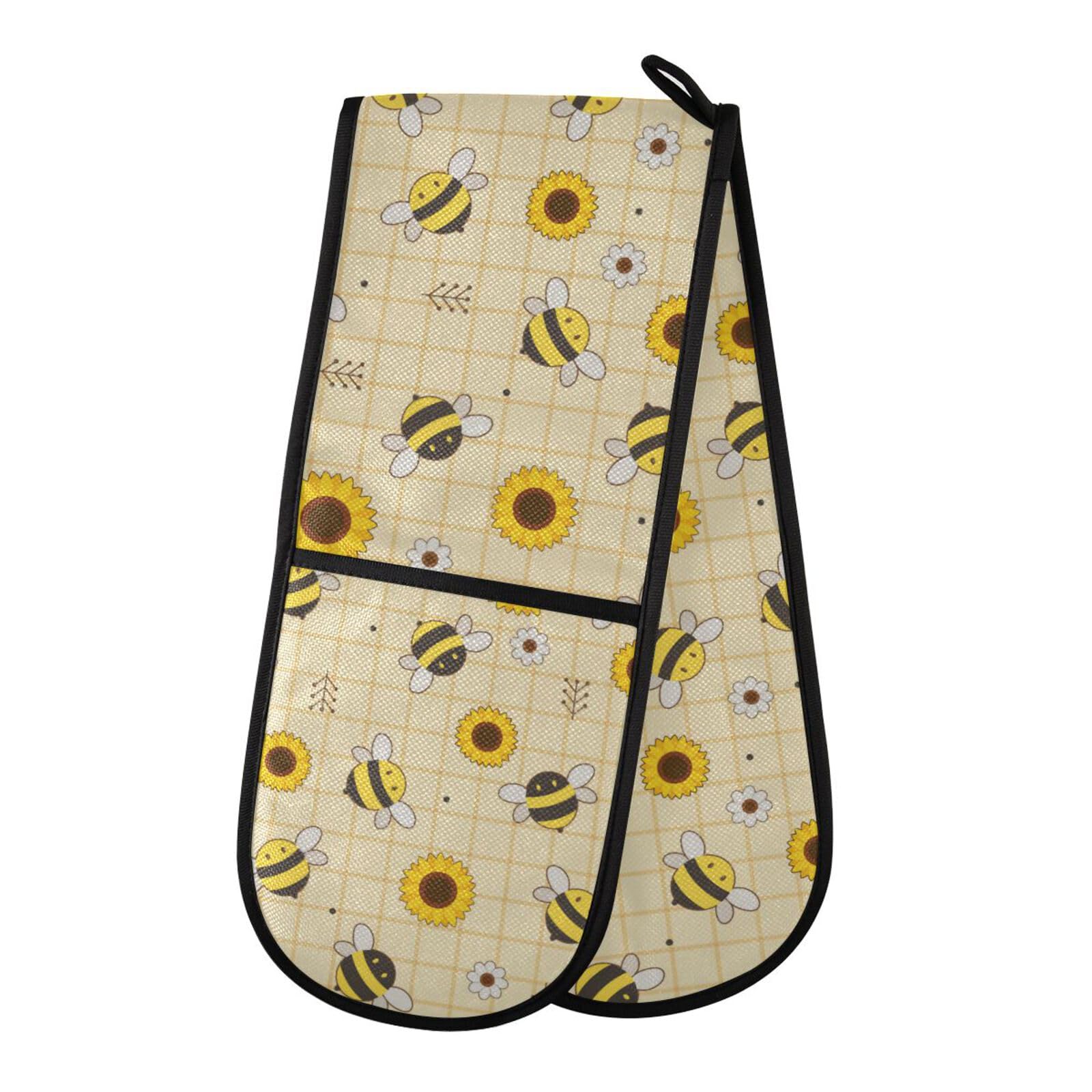 Double Oven Gloves Heat Resistant Bee Sunflower Leaf Double Oven Mitts Pot Holder Heat Protection Oven Gloves for Home Kitchen Baking Cooking BBQ Microwave