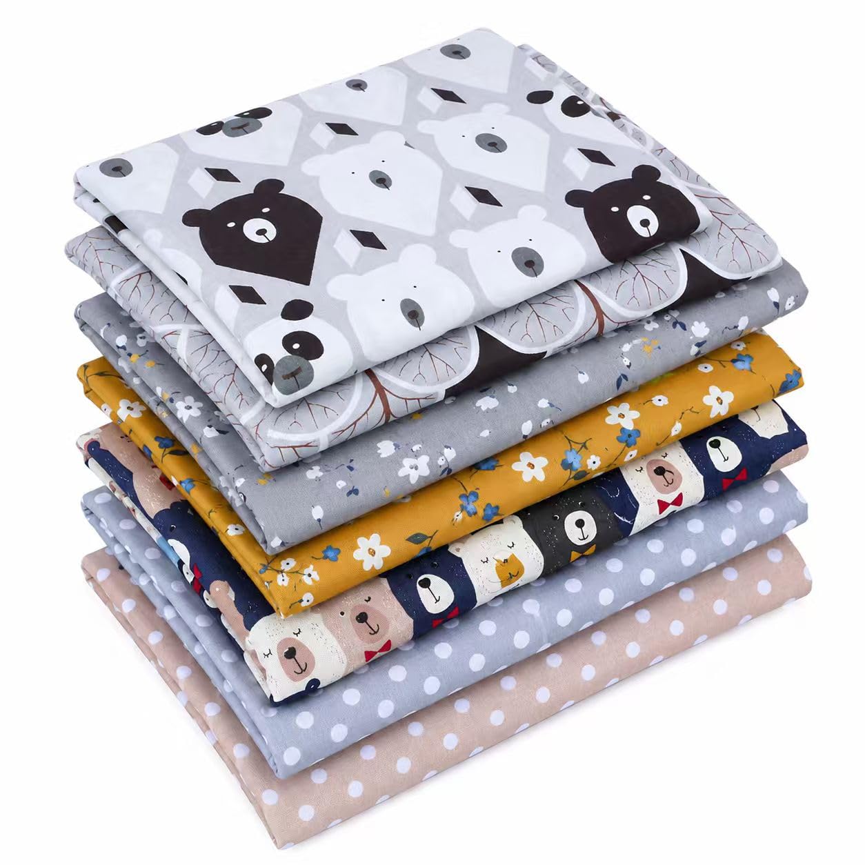 EXGOING Fat Quarters Fabric Bundles - 8PCS High-Density Cotton Material for Sewing & Quilting - 50x50cm Squares with Brown Bear, Floral, Polka Dot & Check Prints for Patchwork, DIY Crafts Projects
