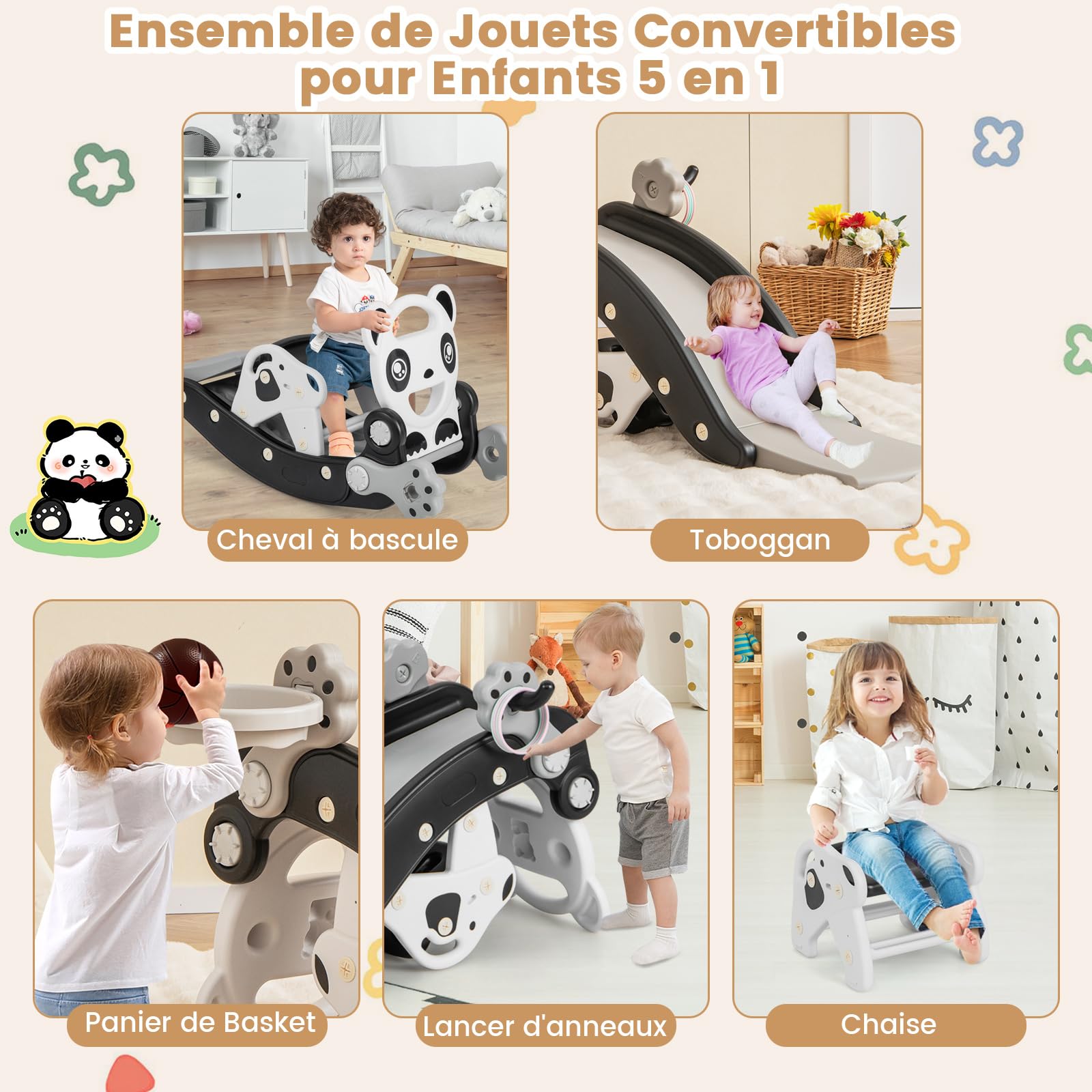 Toboggan Enfant Extérieur 3 En 1 Avec Cheval à Bascule & Panier De Basket - Âge 1 à 6 Ans - Capacité 40 Kg - Vert