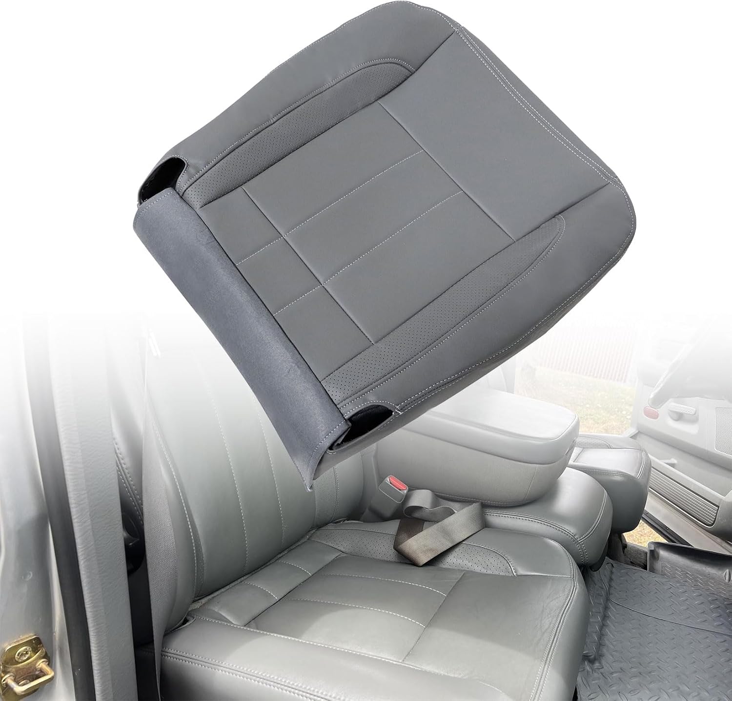 NLQR Slate Gray Driver Side Bottom Replacement Leather Seat Cover Compatible with Dodge Ram 1500 2500 3500 4500 2006 2007 2008 2009