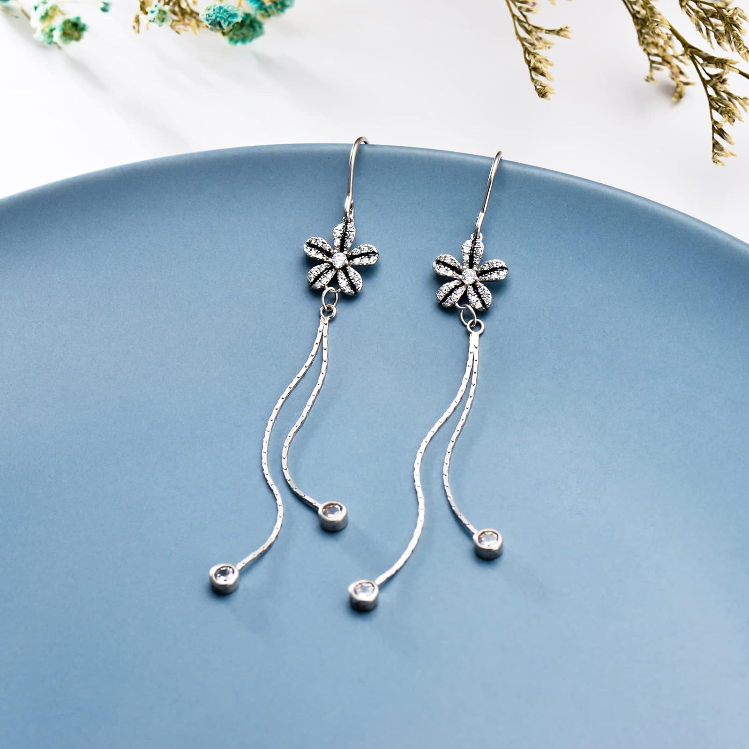 Sterling Silver Threader Earrings with Crystal Cubic Zirconia Flower Star Heart Butterfly Tassel Long Charm Drop Dangle Earrings Jewelry Gifts for Women Girls - Image 4