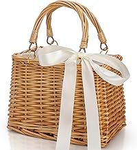 Handwoven Rattan Handbag, Wicker Rectangle Basket Purse with White Ribbon, Summer Beach Top Handle Clutch, Boho Style Woven Purse, Rustic Flower Basket for Women, Travel, Vacation, Wedding