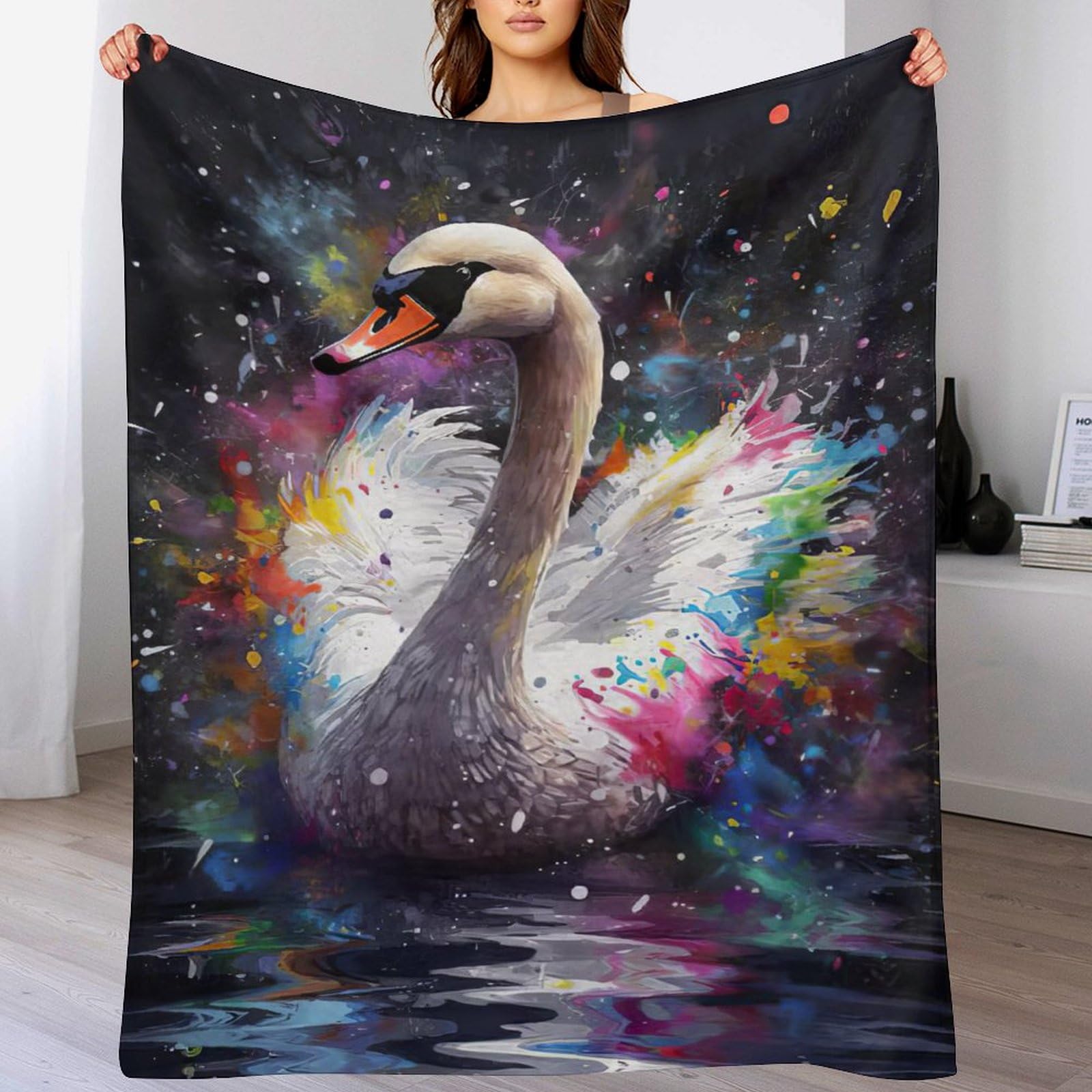 Couverture moelleuse en flanelle supérieure avec motif de cygne tissé, finition premium 180x200