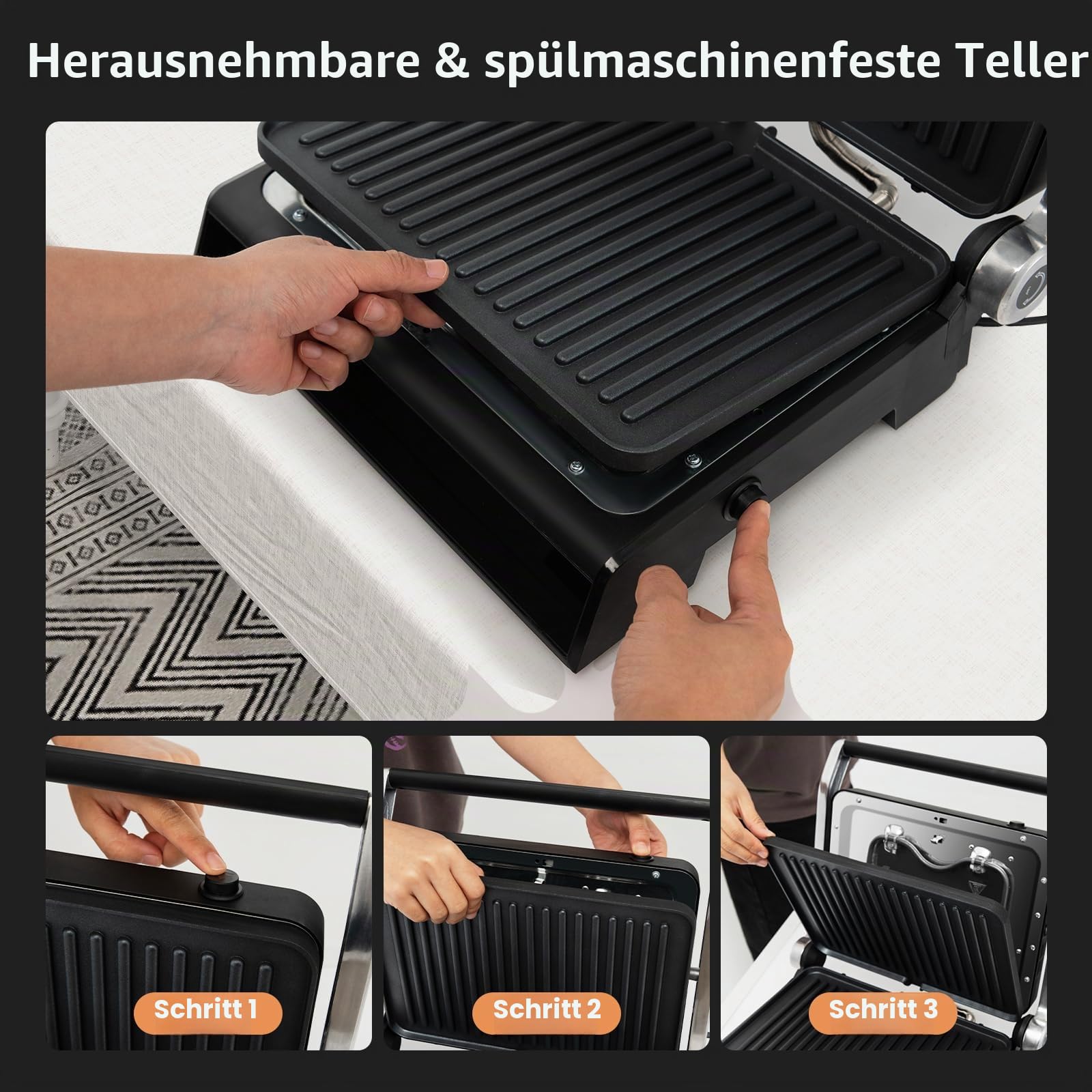 SOARS Sandwichmaker 3-in-1, 1800 – 2000 W, elektrische Panini-Maschine mit 5 Kochmodi, 200 – 230 °C, Öffnungswinkel 180 °, Grillplatte, abnehmbar und waschbar, Timer 0 – 4 Stunden, Schwarz