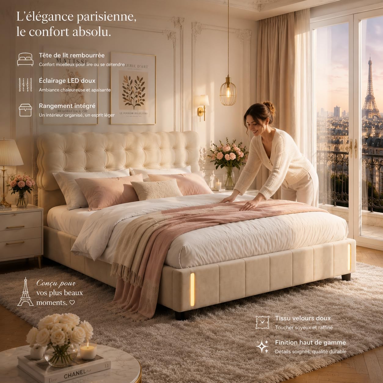 LONELYO Lit Coffre 160x200 avec LED RGB 7 Couleurs & Système Hydraulique – Velours Beige Clair Capitonné, Rangement Spacieux & Sommier à Lattes – Design Moderne