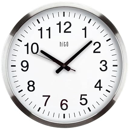 HITO 16 Silent Wall Clock Battery Operated Non Ticking Sweep Movement Glass Cover Silver Aluminum