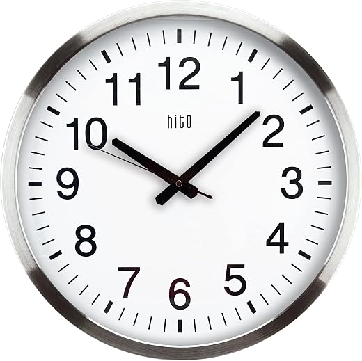 HITO 16 Silent Wall Clock Battery Operated Non Ticking Sweep Movement Glass Cover Silver Aluminum Frame, for Kitchen, Bedroom, Home Office, Living Room Decor