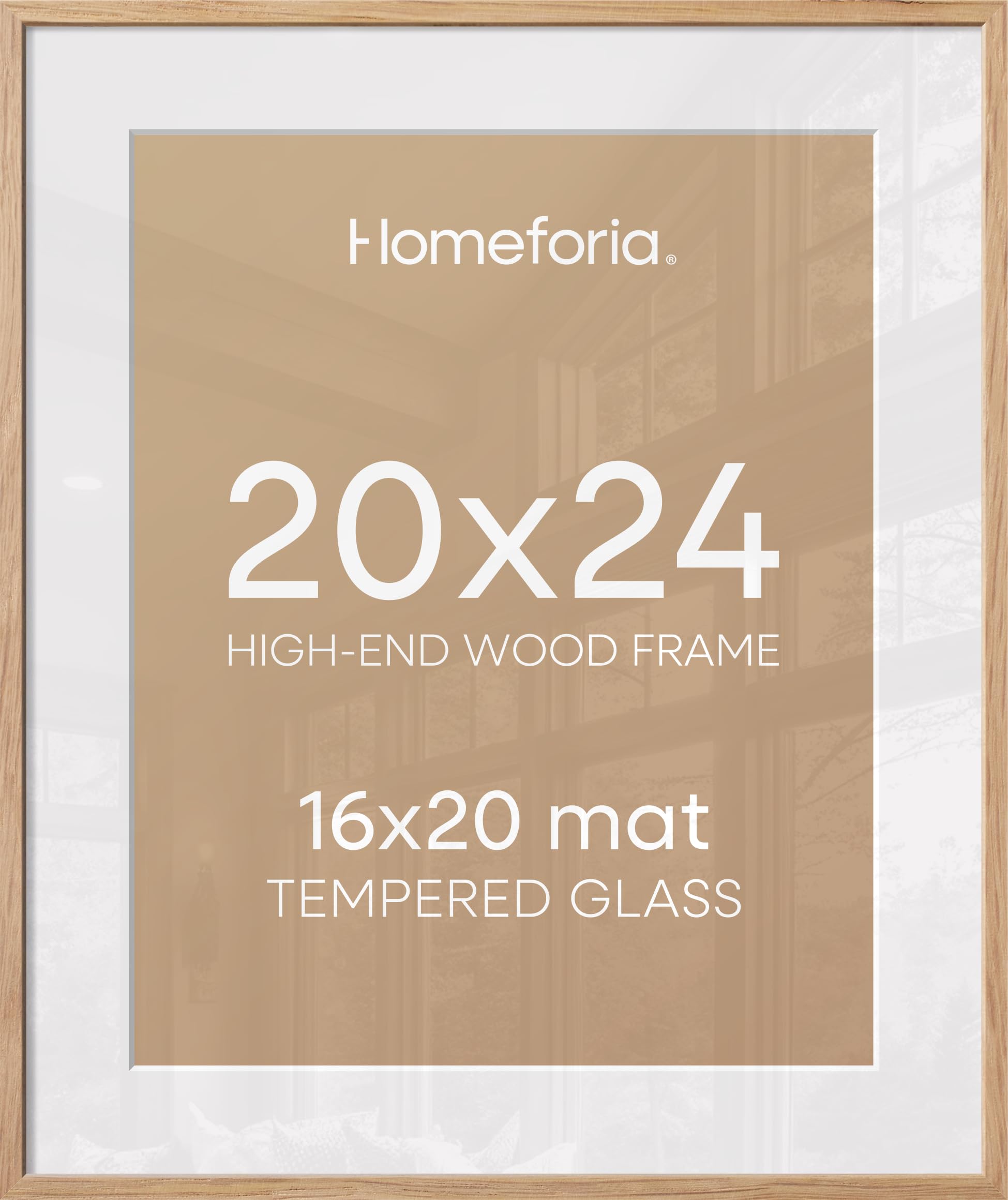 Homeforia 20x24 Picture Frame Wood, High End Natural Oak 20x24 Frame Matted to 16x20 Photo, 20 x 24 Light Wooden Poster Frames with Mat 16 by 20, 24by20 Thin Frames, Tempered Glass, Wall Kit, Set of 4
