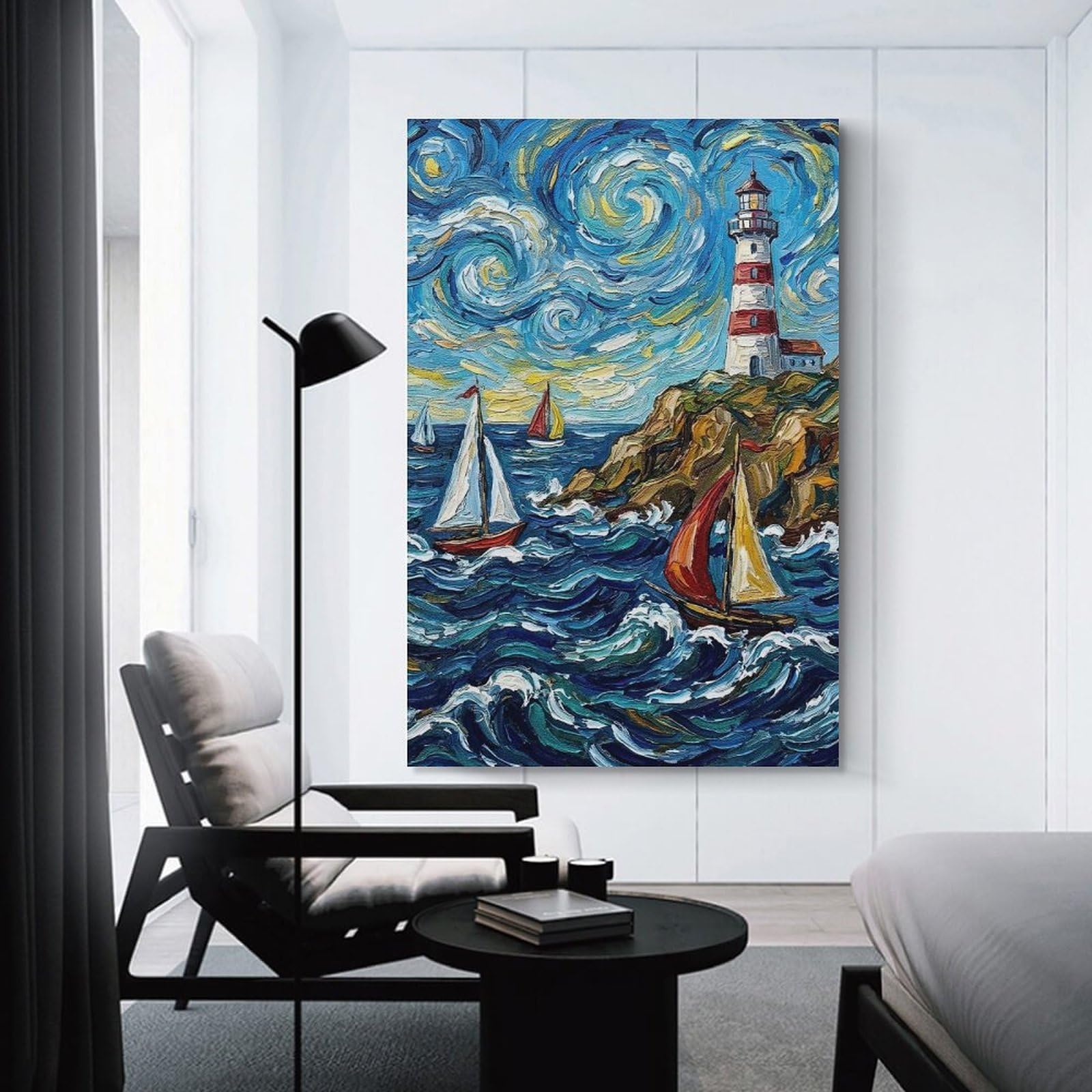 Junmoney Starry Night Lighthouse And Sailboats Hanging Wall Art 24x36inch(60x90cm), for Front Hall, Corridor Or Welcome Spaces, Wall Decor to Refresh Empty Corners