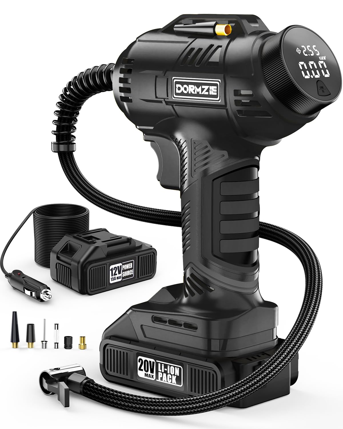 Tire Inflator Portable Air Compressor, 150 PSI Handheld Air Pump for Car Tires with 20V Rechargeable Battery, 12V Car Power Adapter, Digital Display, Ball, Motorcycle, Bike Pump