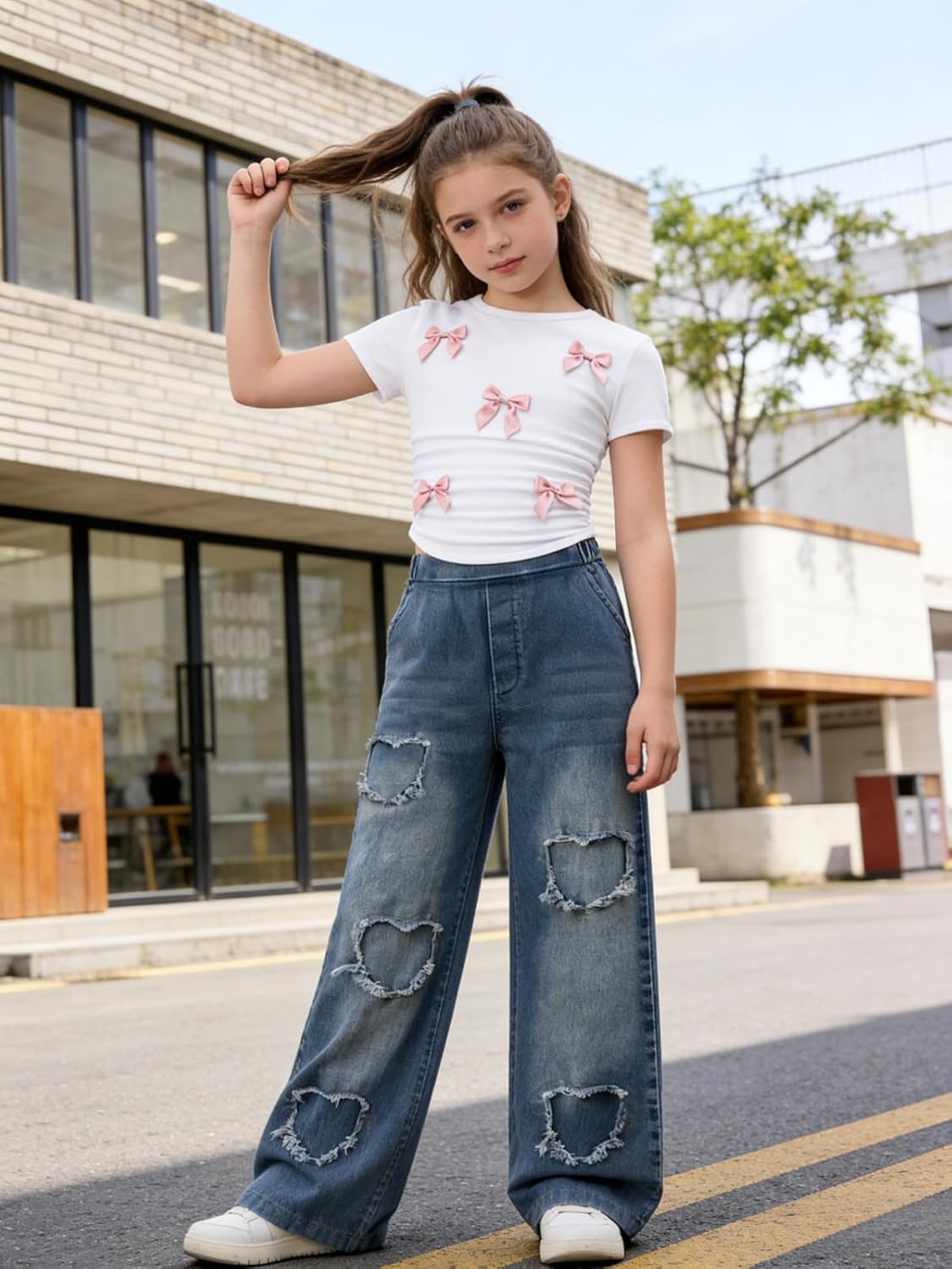 Size 7-14 Years Girls 2 Piece Outfits Bow Short-Sleeved Top and Jeans Pants Clothing Set