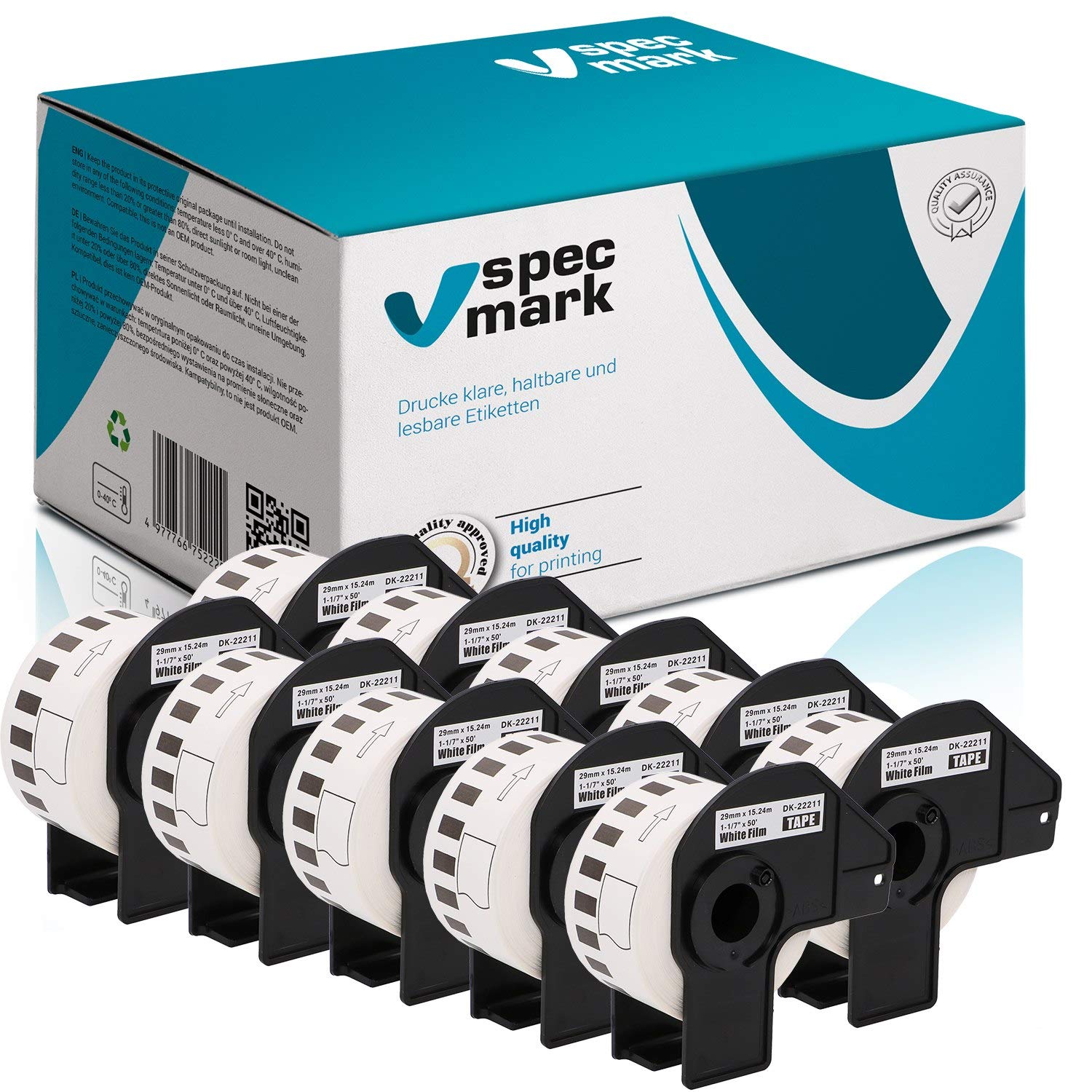 10 Rotoli Etichette Brother DK-22211 - Pellicola Continua 29mm X 15.24m, Nero Su Bianco