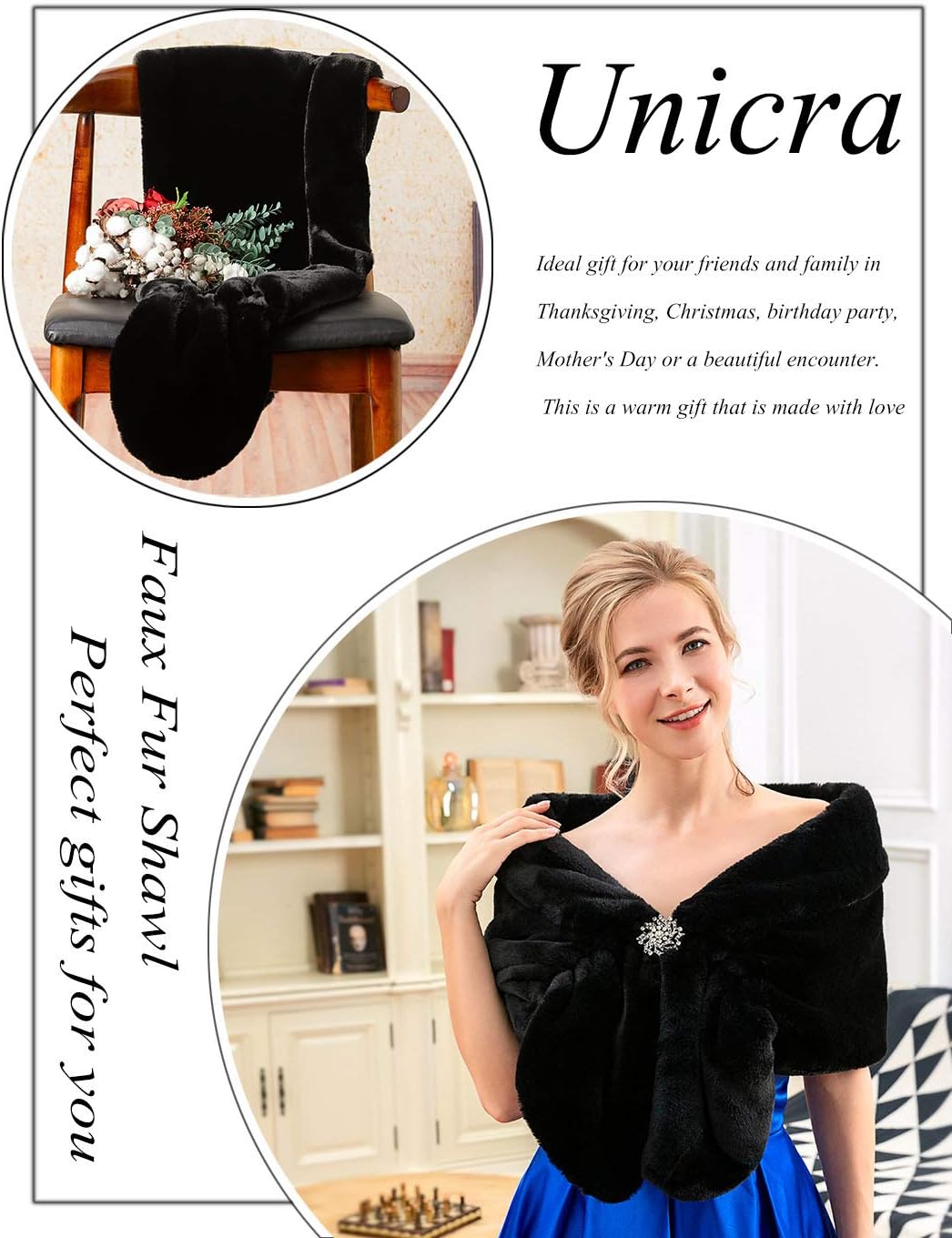 Unicra Wedding Fur Wraps and Shawls Faux Fox Fur Stoles Winter Cover Up with Rhinestones Brooch for Women and Girls - Image 5