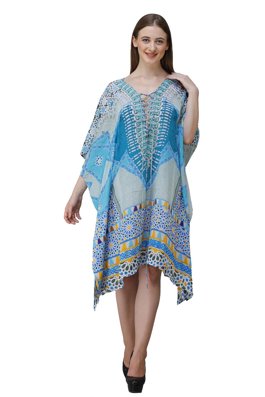 curvshape Short Blue Tile Digital Printed | Crepe Kaftan | Vacation Wear | Beach Wear | Coverups | Kaftan Dress | For Women | Free Size [M-3XL]-picture-36