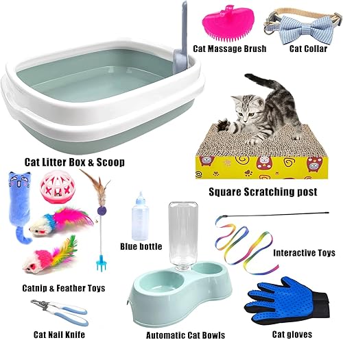 Miniatura 2 de Kit de iniciación para gatitos, juego de 15 piezas de artículos esenciales para gatos, incluye caja de arena, juguetes, collares, almohadilla para
