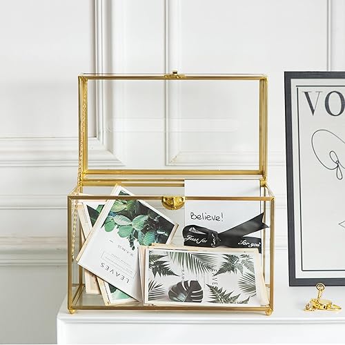 Miniatura 5 de Caja de cristal para tarjetas de boda con ranura, caja transparente de 10.2 pulgadas, caja de almacenamiento de tarjetas de regalo de latón dorado