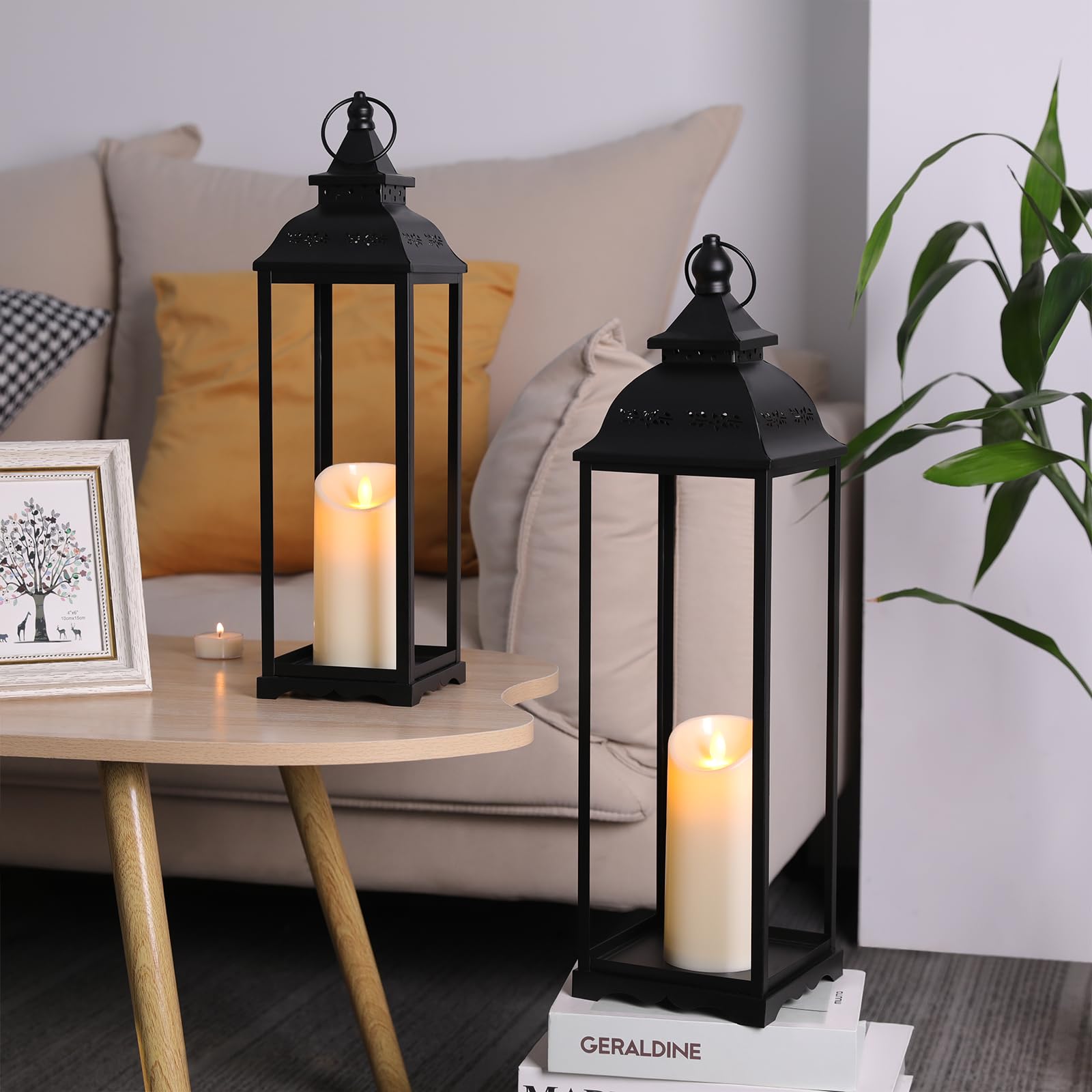 HAVITI 2 sztuki dużych lampionów dekoracyjnych do wnętrz, czarna latarnia wiejska na werandę, wysoka 56 cm, dekoracja latarni (bez szkła) z 2 szt. bezpłomieniowymi świecami, na ślub, do domu, na stół