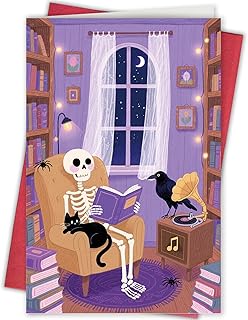Gothic Skeleton Reading Book Card, Spooky Halloween Card for Students Children or Book Lover, Bookish Halloween Decor