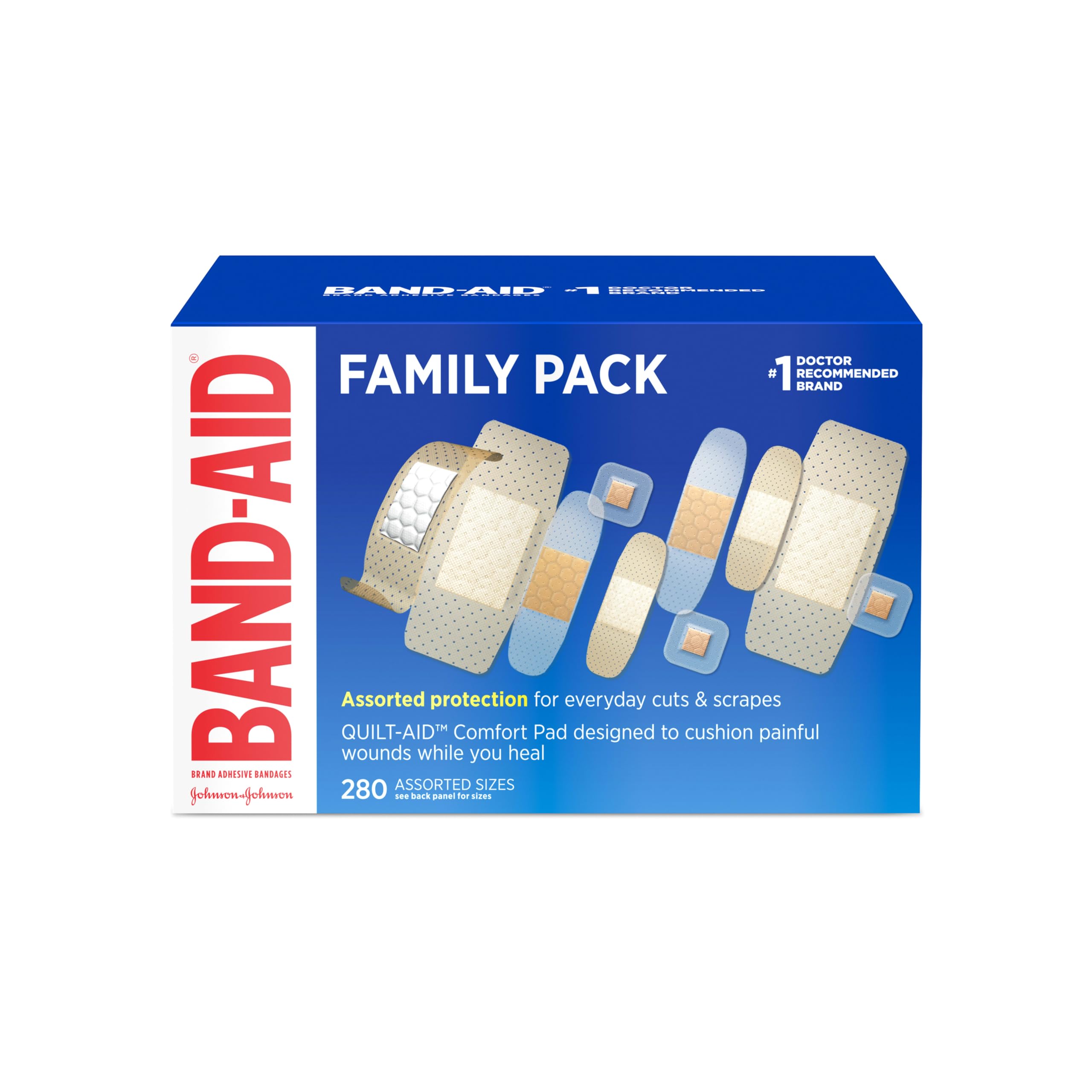 BAND-AID Brand Adhesive Bandages Family Pack, Assorted Sizes, 280 Count | Variety Pack, Assorted Protection for Minor Cuts, Scrapes & Burns, Helps Protect Against Dirt & Germs, For First Aid Kits