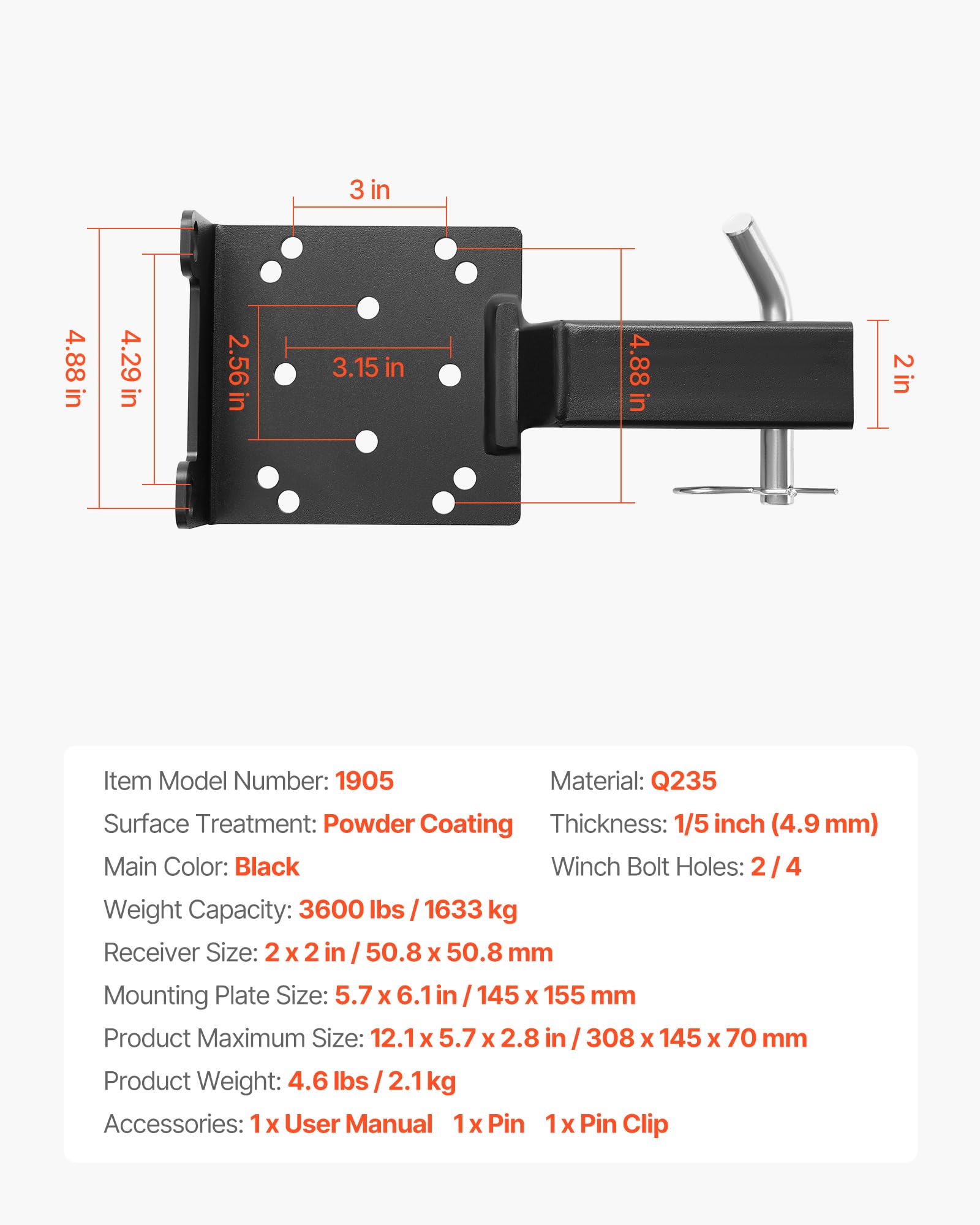 VEVOR Supporto per Verricello per Veicoli, Capacità di Carico di 1633 kg Attacco per Verricello per Gancio di Traino con Ricevitore da 50,8 mm Acciaio Verniciato a Polvere, per Pick-Up ATV UTV, Nero